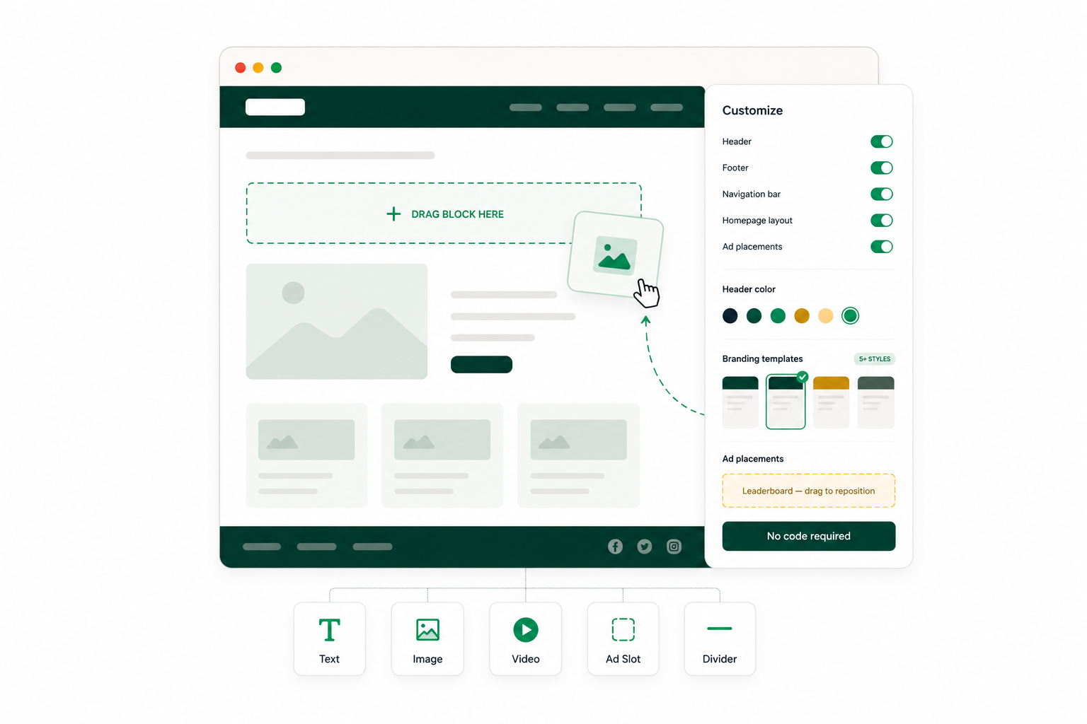 PressTag no-code customization panel with header color and branding templates