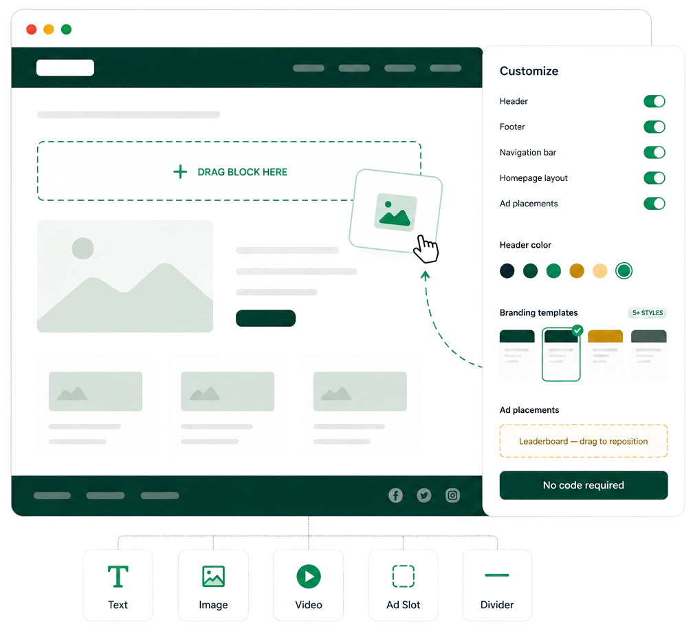 PressTag no-code customization panel with header color and branding templates