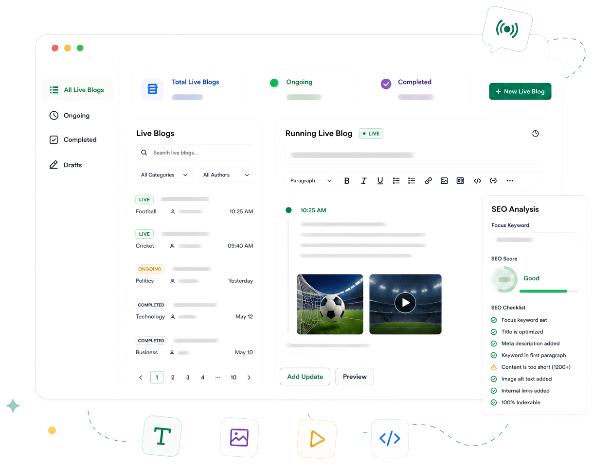 PressTag live blog management dashboard and live update feed with SEO analysis