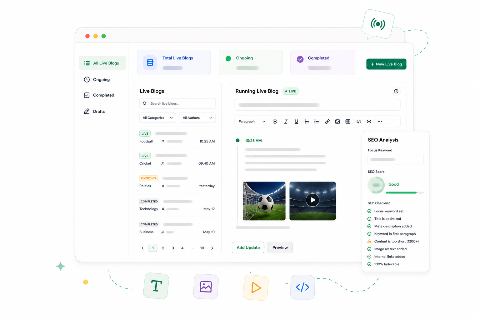 PressTag live blog management dashboard and live update feed with SEO analysis