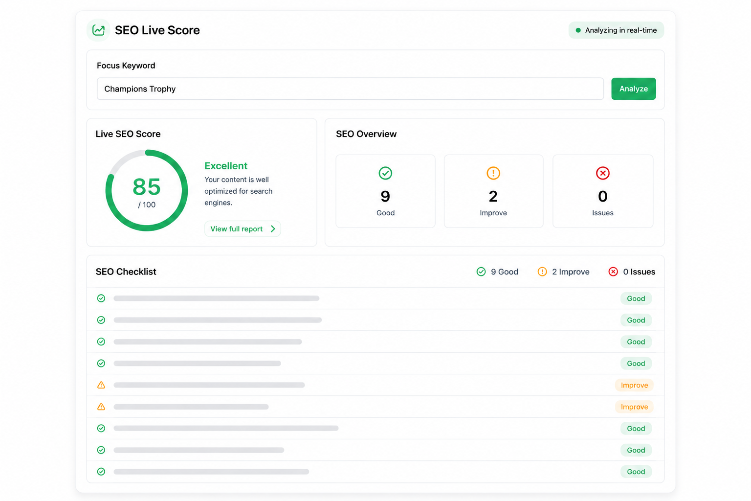 PressTag live SEO score and checklist while writing