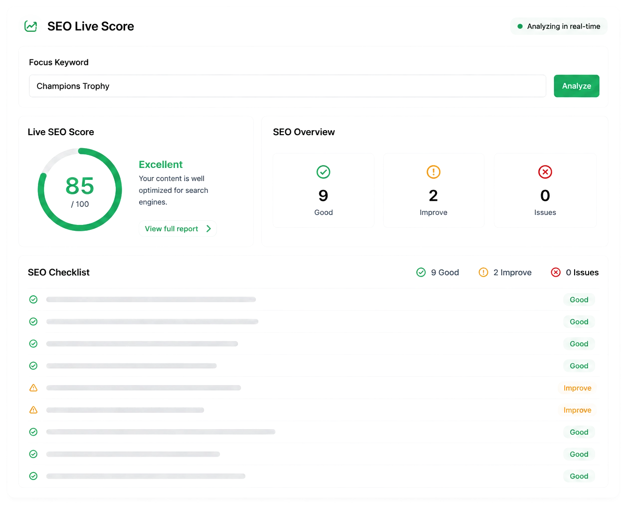 PressTag live SEO score and checklist while writing